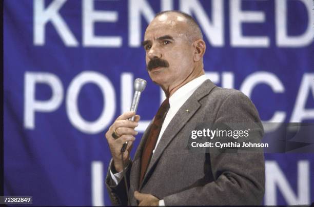 Ex-Nixon aide/Watergate co-conspirator G. Gordon Liddy addressing students at Amer. University.