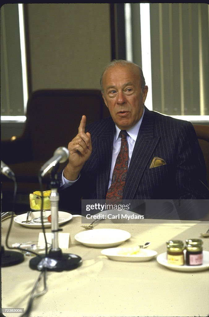 US Secy of State George Shultz during press conference at