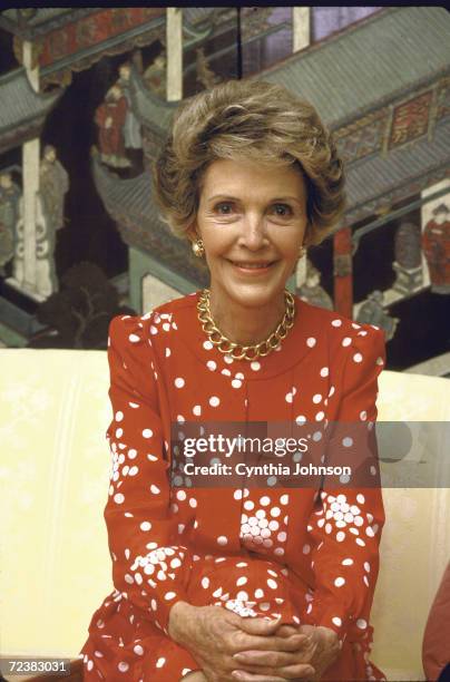 First Lady Nancy Reagan during interview by Time Magazine's Hugh Sidey in family quarters of the White House.