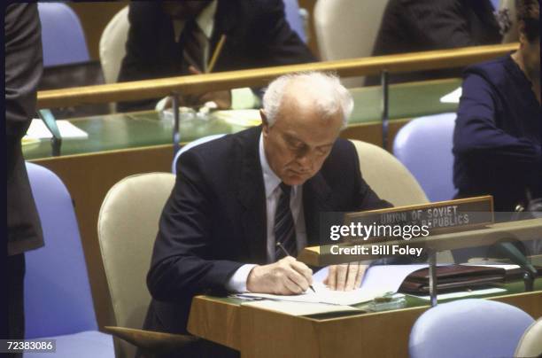 Soviet Foreign minister Eduard Shevardnadze seated with delegates at UN General Assembly.