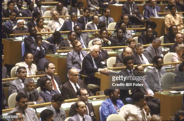 Soviet Foreign minister Eduard Shevardnadze seated with delegates at UN General Assembly.