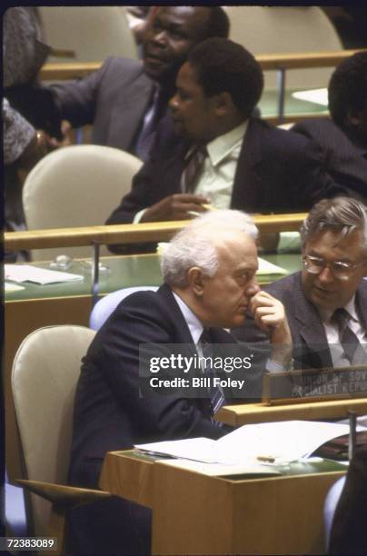 Soviet Foreign minister Eduard Shevardnadze seated with delegates at UN General Assembly.