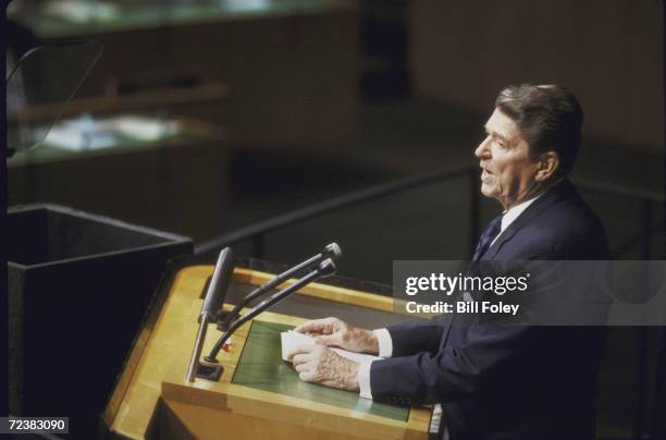 President Ronald Reagan addressing UN General Assembly.