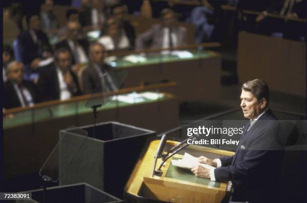 President Ronald Reagan addressing UN General Assembly.