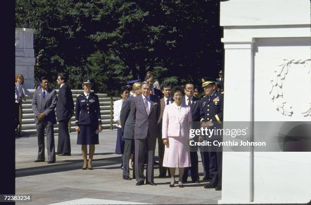 Philippines President Cory Aquino during wreath laying at Tomb of Unknown Soldier at Arlington Cemetery.