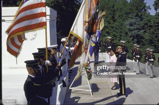 Philippines President Cory Aquino during wreath laying at Tomb of Unknown Soldier at Arlington Cemetery.