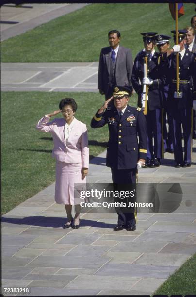 Philippines President Cory Aquino during wreath laying at Tomb of Unknown Soldier at Arlington Cemetery.