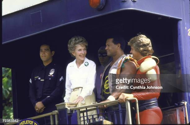First Lady Nancy Reagan at "Just Say No" rally against drugs.