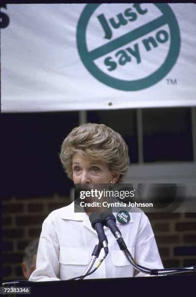 First Lady Nancy Reagan at "Just Say No" rally against drugs.