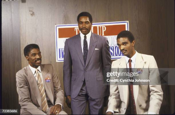 Baseball player Dave Winfield with basketball greats Julius Erving and Ralph Sampson during promotion of DEA/FBI sports drug awareness program "team...