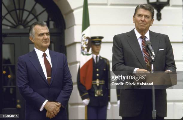 Mexican President Miguel de la Madrid with President Ronald Reagan at the White House.