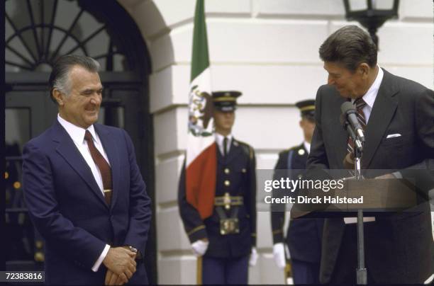 Mexican President Miguel de la Madrid with President Ronald Reagan at the White House.