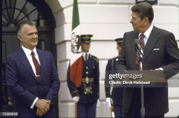 Mexican President Miguel de la Madrid with President Ronald Reagan at the White House.