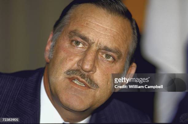 South African foreign minister Pik Botha during Press conference re. Commonweatlth sanctions.