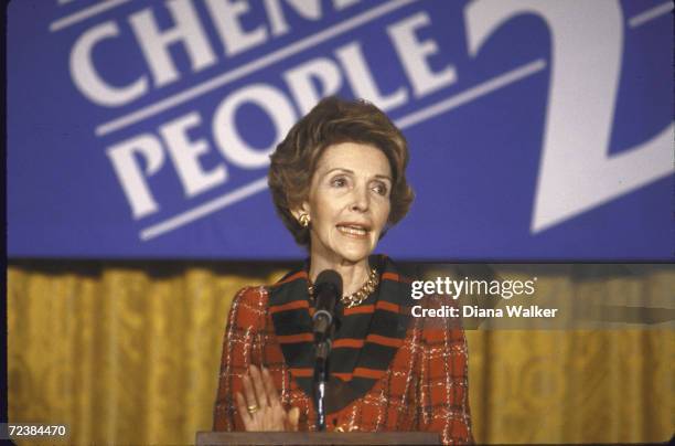 First Lady Nancy Reagan continues her anti-drug campaign with WH promotion of PBS anti-drug& alcohol abuse documentary, "Chemical People 2",.