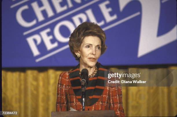First Lady Nancy Reagan continues her anti-drug campaign with WH promotion of PBS anti-drug& alcohol abuse documentary, "Chemical People 2",.