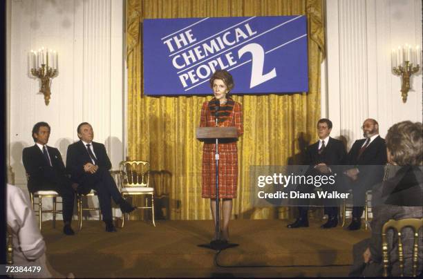 First Lady Nancy Reagan continues her anti-drug campaign with WH promotion of PBS anti-drug& alcohol abuse documentary, "Chemical People 2",.