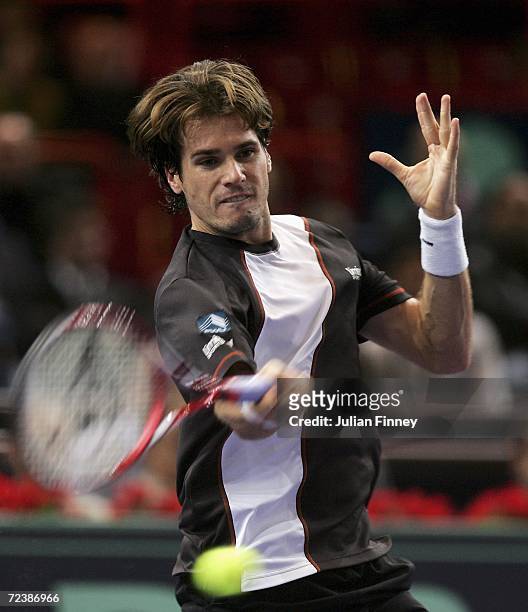 Tommy Haas of Germany plays a forehand in his match against Marat Safin of Russia in the quarter finals during day five of the BNP Paribas ATP Tennis...
