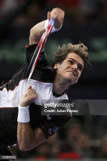 Tommy Haas of Germany serves to Marat Safin of Russia in the quarter finals during day five of the BNP Paribas ATP Tennis Masters Series at the...