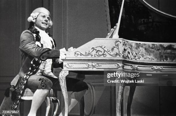 Roman Polanski as Mozart during a dress rehearsal for the play 'Amadeus' by Peter Shaffer at the Na Woli Theatre, Warsaw, Poland, June 1981. Polanski...