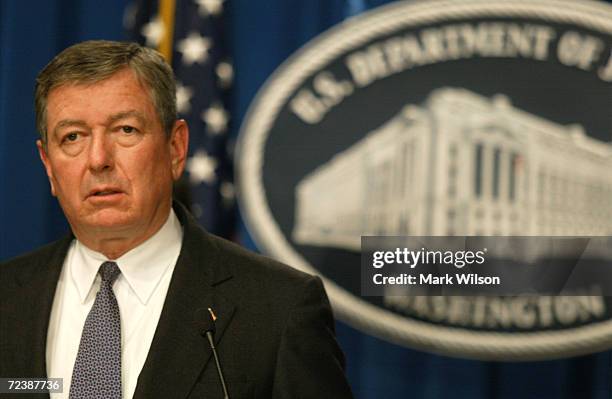 Attorney General John Ashcroft announces indictments at the Justice Department March 14, 2002 in Washington, DC. Ashcroft stated that a U.S. Grand...