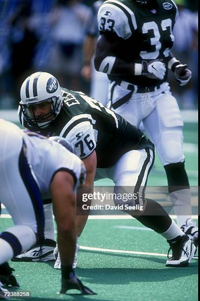 Offensive tackle John Elliot of the New York Jets in action during the game against the Baltimore Ravens at The Meadowlands in East Rutherford, New...