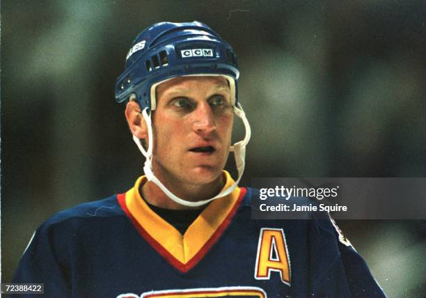 Right wing Brett Hull of the St. Louis Blues in action on the ice as he catches his breath during a break in the action as timeout was called in the...