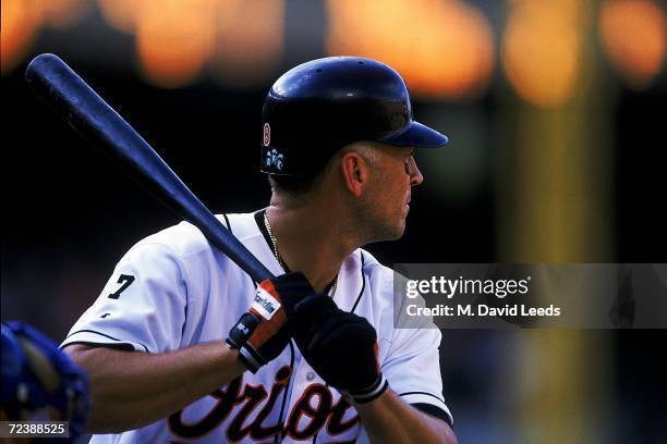 Cal Ripken Jr. #8 of the Baltimore Orioles stands ready at bat during the game against the Toronto Blue Jays at Camden Yards in Baltimore, Maryland....
