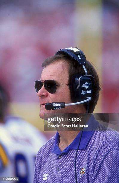 Brian Billick Offensive Coordinator of the Minnesota Vikings looks across the field during the game against the Tampa Bay Bucccaneers at Raymond...