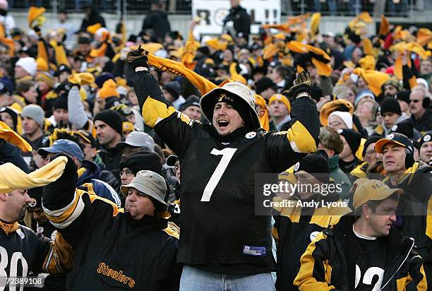 Fans wave "Terrible Towels" as the New York Jets take on the Pittsburgh Steelers in an AFC divisional game at Heinz Field on January 15, 2005 in...