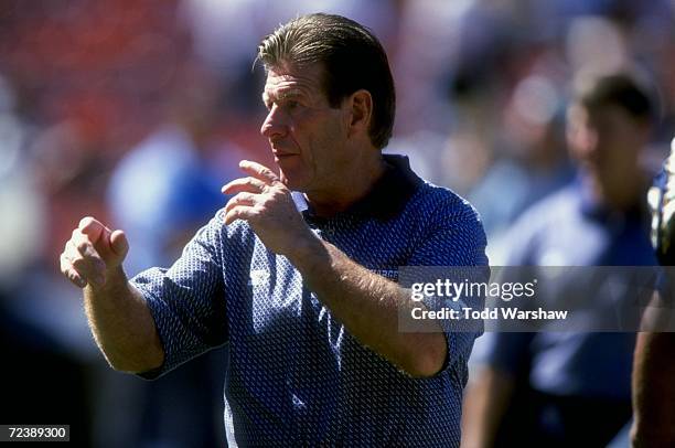 Offensive line coach Joe Bugel of the San Diego Chargers looks on during the game against the Philadelphia Eagles at the Qualcomm Stadium in San...