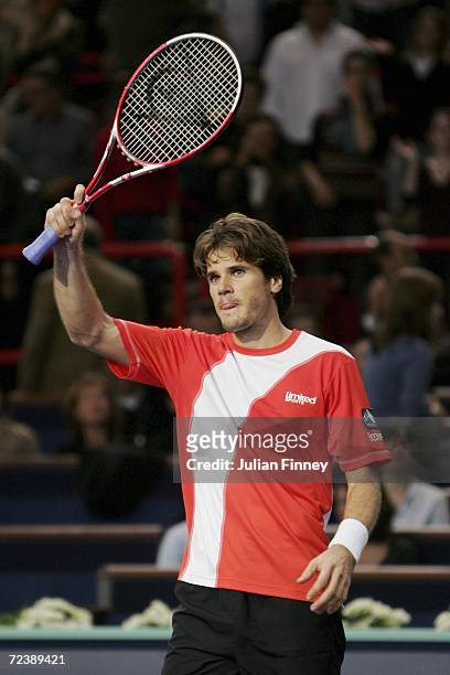 Tommy Haas of Germany celebrates defeating Marat Safin of Russia in the quarter finals during day five of the BNP Paribas ATP Tennis Masters Series...