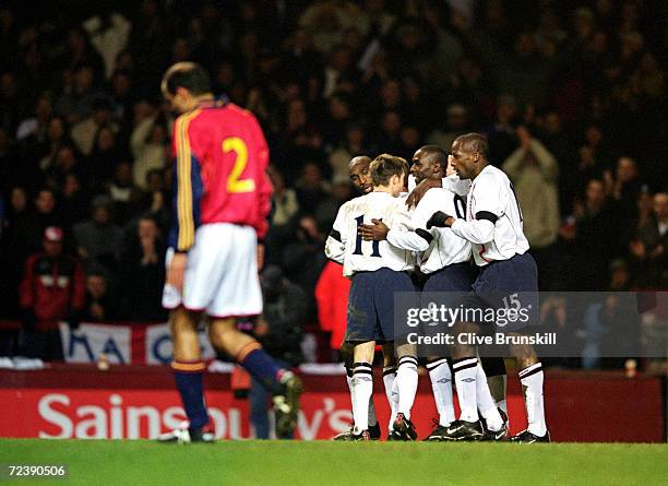 England celebrate during the International Friendly match against Spain played at Villa Park in Birmingham, England. England won the match with a...