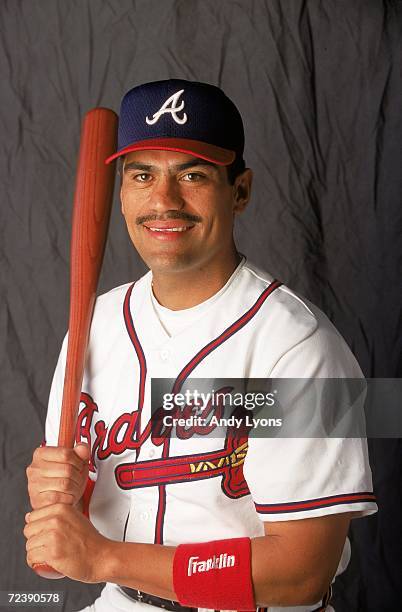 Catcher Eddie Perez of the Atlanta Braves poses for a studio portrait during Spring Training Photo Day in Kissimmee, Florida. Mandatory Credit: Andy...