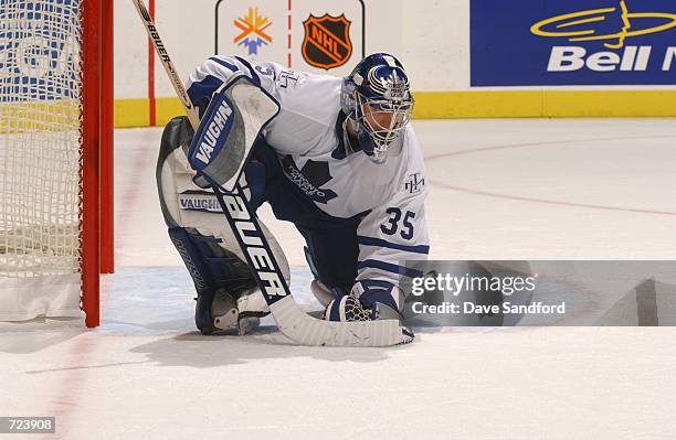 Goaltender Corey Schwab of the Toronto Maple Leafs makes a save against the Los Angeles Kings during the game on December 18, 2001 at Air Canada...