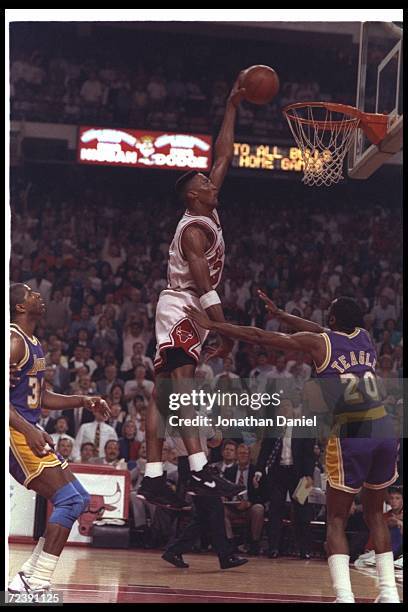 Forward Scottie Pippen of the Chicago Bulls goes up for two during Game Two of the NBA finals against the Los Angeles Lakers at the United Center in...