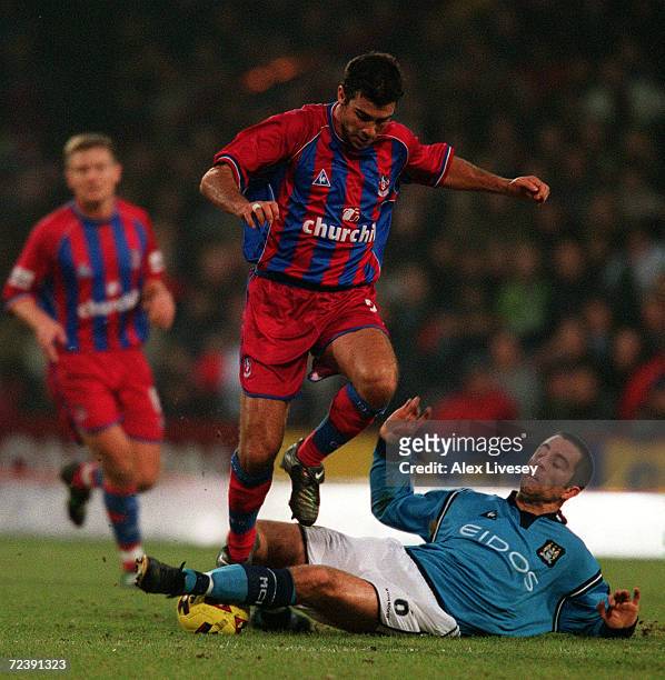 Jovan Kirovski of Palace is tackled by Kevin Horlock of City during the Nationwide Division One match between Crystal Palace and Manchester City at...