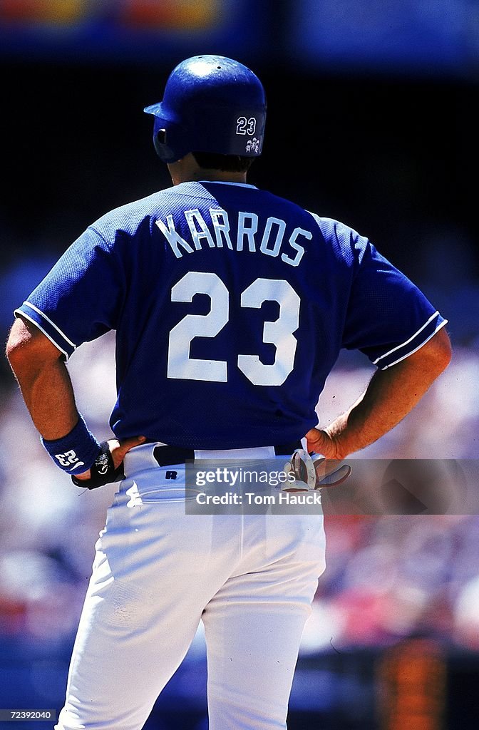 Eric Karros of the Los Angeles Dodgers standing on base during the