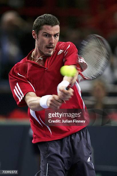 Marat Safin of Russia plays a backhand in his match against Tommy Haas of Germany in the quarter finals during day five of the BNP Paribas ATP Tennis...
