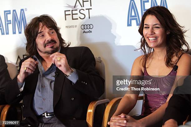 Producer/Actor Bertie Higgins and actress Kristina Morales speak during "The Wrath" press conference at the American Film Market held in the Loews...