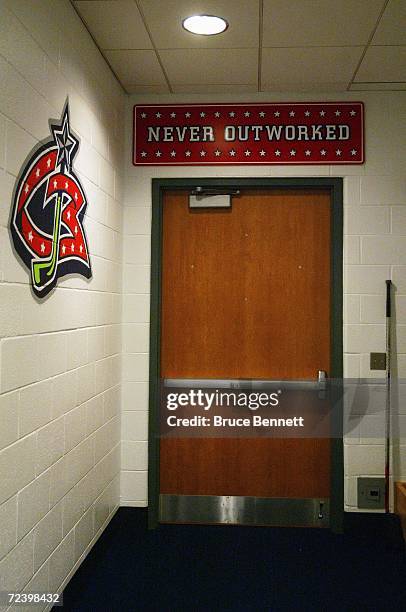 Detail of the sign above the door to the Columbus Blue Jackets locker room prior to the NHL game against the San Jose Sharks on October 23, 2006 at...