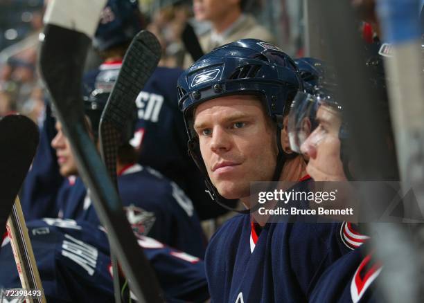 Left wing Fredrik Modin of the Columbus Blue Jackets watches play from the bench during the NHL game against the San Jose Sharks on October 23, 2006...