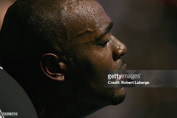 Wide receiver Jerry Porter of the Oakland Raiders sits on the sideline during an NFL game against the Pittsburgh Steelers at McAfee Coliseum on...