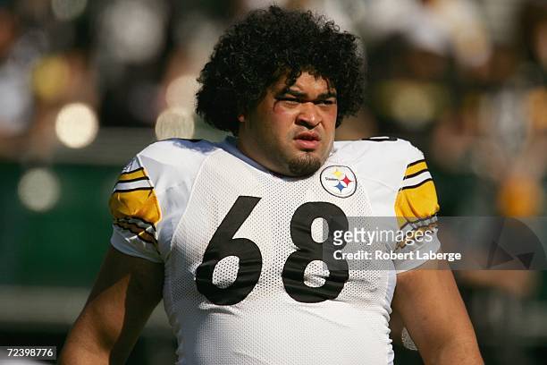 Guard Chris Kemoeatu of the Pittsburgh Steelers stands on the sideline during an NFL game of the Oakland Raiders at McAfee Coliseum on October 29,...