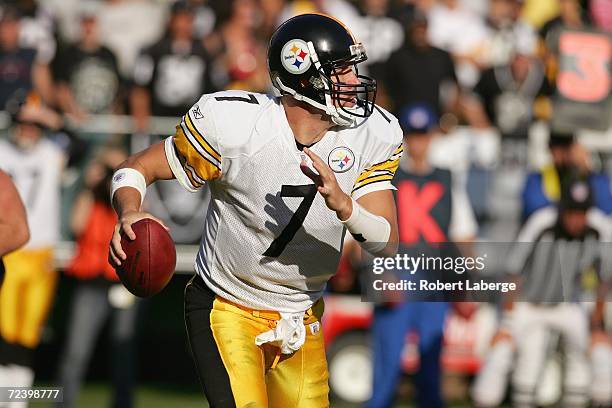 Quarterback Ben Roethlisberger of the Pittsburgh Steelers looks to pass against the Oakland Raiders at McAfee Coliseum on October 29, 2006 in...