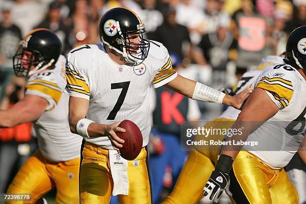 Quarterback Ben Roethlisberger of the Pittsburgh Steelers looks for a receiver against the Oakland Raiders at McAfee Coliseum on October 29, 2006 in...