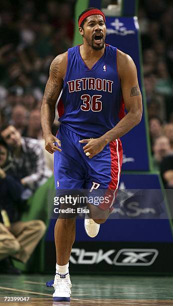 Rasheed Wallace of the Detroit Pistons reacts after he scored in the second half against the Boston Celtics on November 3, 2006 at the TD Banknorth...