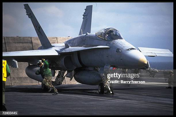 Navy Fighter Squadron F/A-18 on deck USS Nimitz, on mission enforcing no-fly zone over southern Iraq in tensions over Saddam Hussein's barring US...