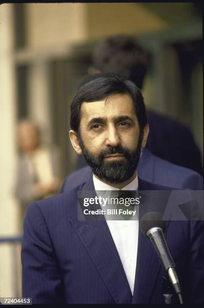 Iranian Foreign Minister Ali Akbar Velayati talking to the press during the UN mediated Iraq-Iraq war peace talks.