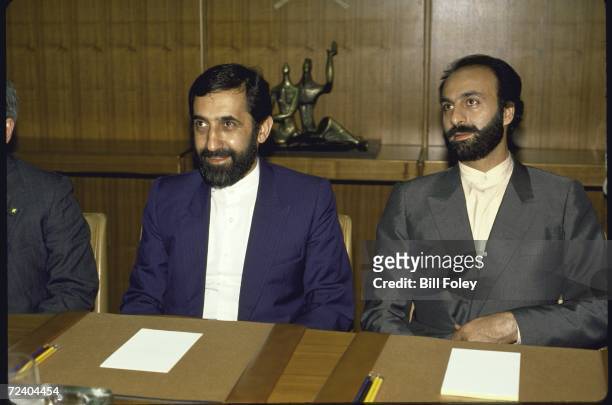 Iranian Foreign Minister Ali Akbar Velayati and Iranian UN Ambassador Mohammad Mahallati sitting together during the UN mediated Iraq-Iraq war peace...